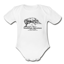 Load image into Gallery viewer, SEA Tree and Tent Logo Organic Baby Bodysuit - white