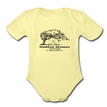 Load image into Gallery viewer, SEA Tree and Tent Logo Organic Baby Bodysuit - washed yellow