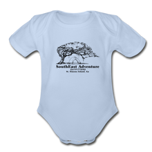 Load image into Gallery viewer, SEA Tree and Tent Logo Organic Baby Bodysuit - sky