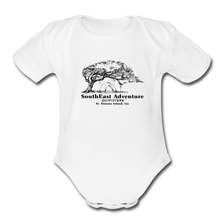 Load image into Gallery viewer, SEA Tree and Tent Logo Organic Baby Bodysuit - white
