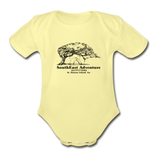 Load image into Gallery viewer, SEA Tree and Tent Logo Organic Baby Bodysuit - washed yellow
